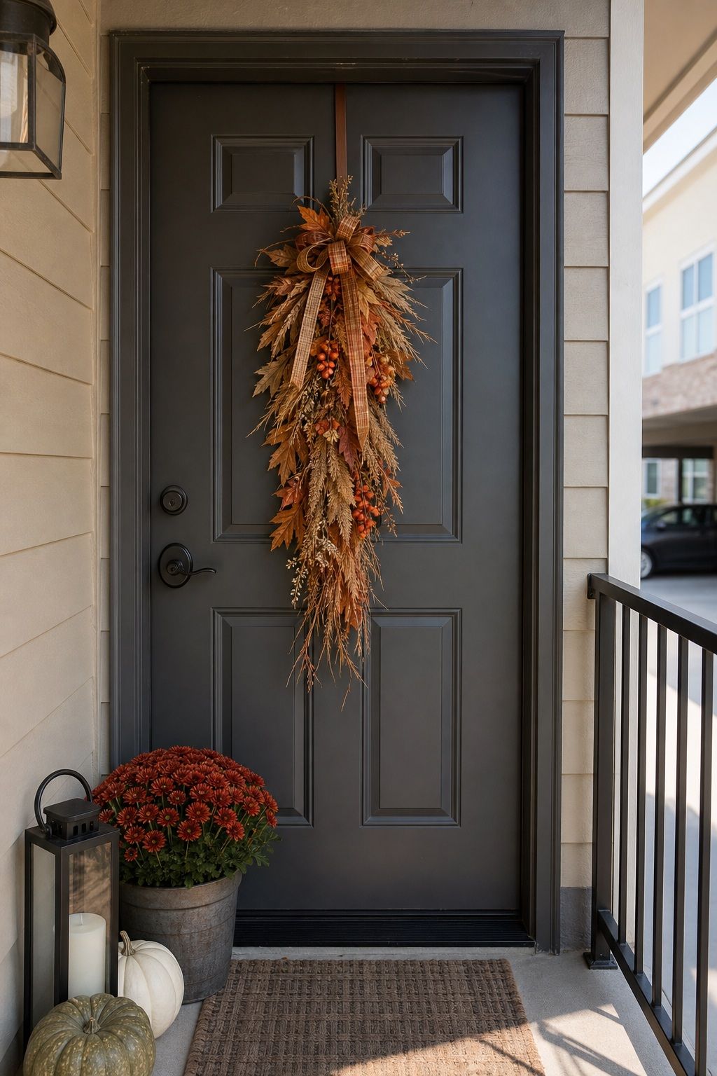 Try a Door Swag Instead of a Wreath small apartment idea for Top 18 Fall Porch Decor Ideas for Apartments and Small Outdoor Spaces.