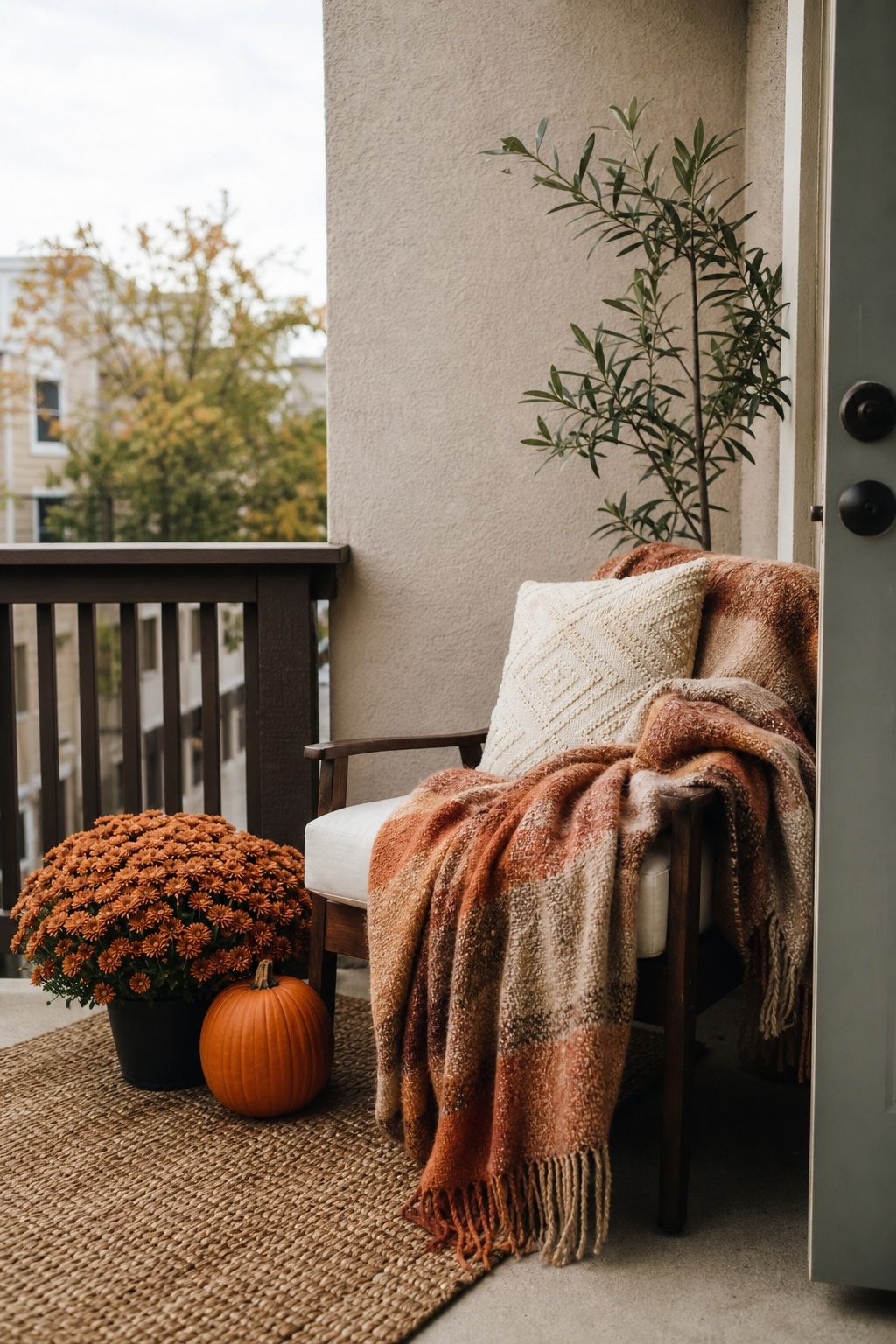 Drape a Blanket Over the Seating small apartment idea for Top 18 Fall Porch Decor Ideas for Apartments and Small Outdoor Spaces.