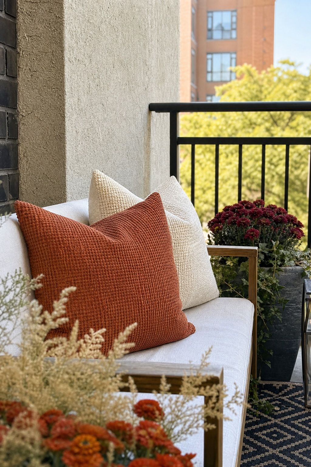 Add Outdoor Pillows in Fall Tones small apartment idea for Top 18 Fall Porch Decor Ideas for Apartments and Small Outdoor Spaces.