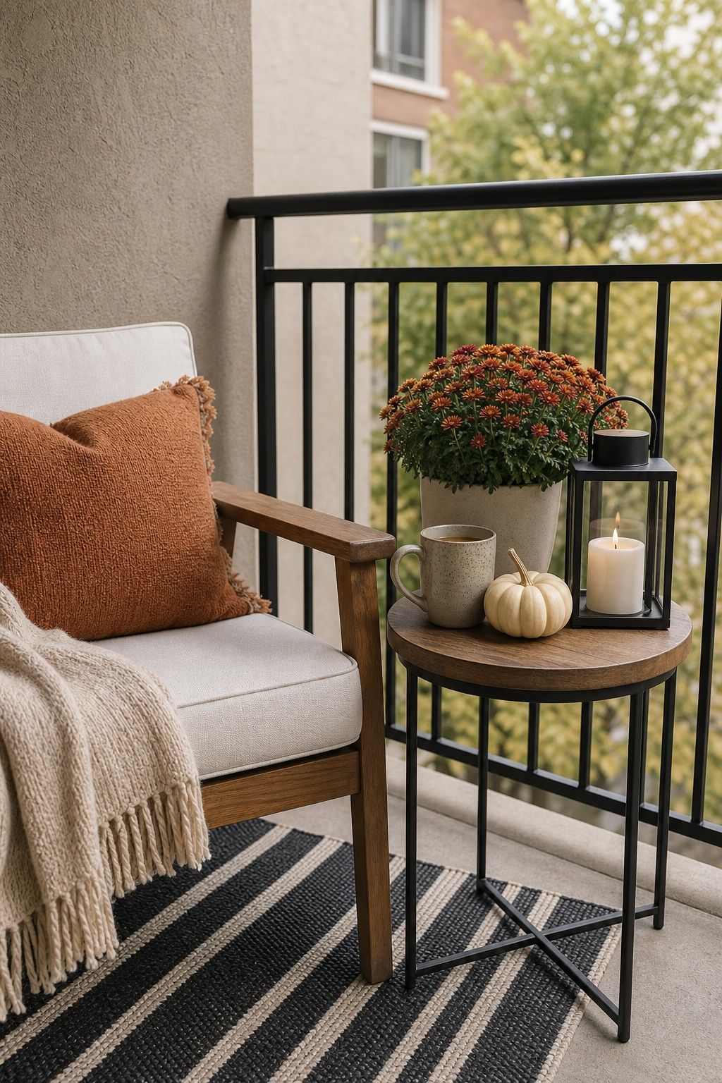 Set Up a Small Side Table small apartment idea for Top 18 Fall Porch Decor Ideas for Apartments and Small Outdoor Spaces.