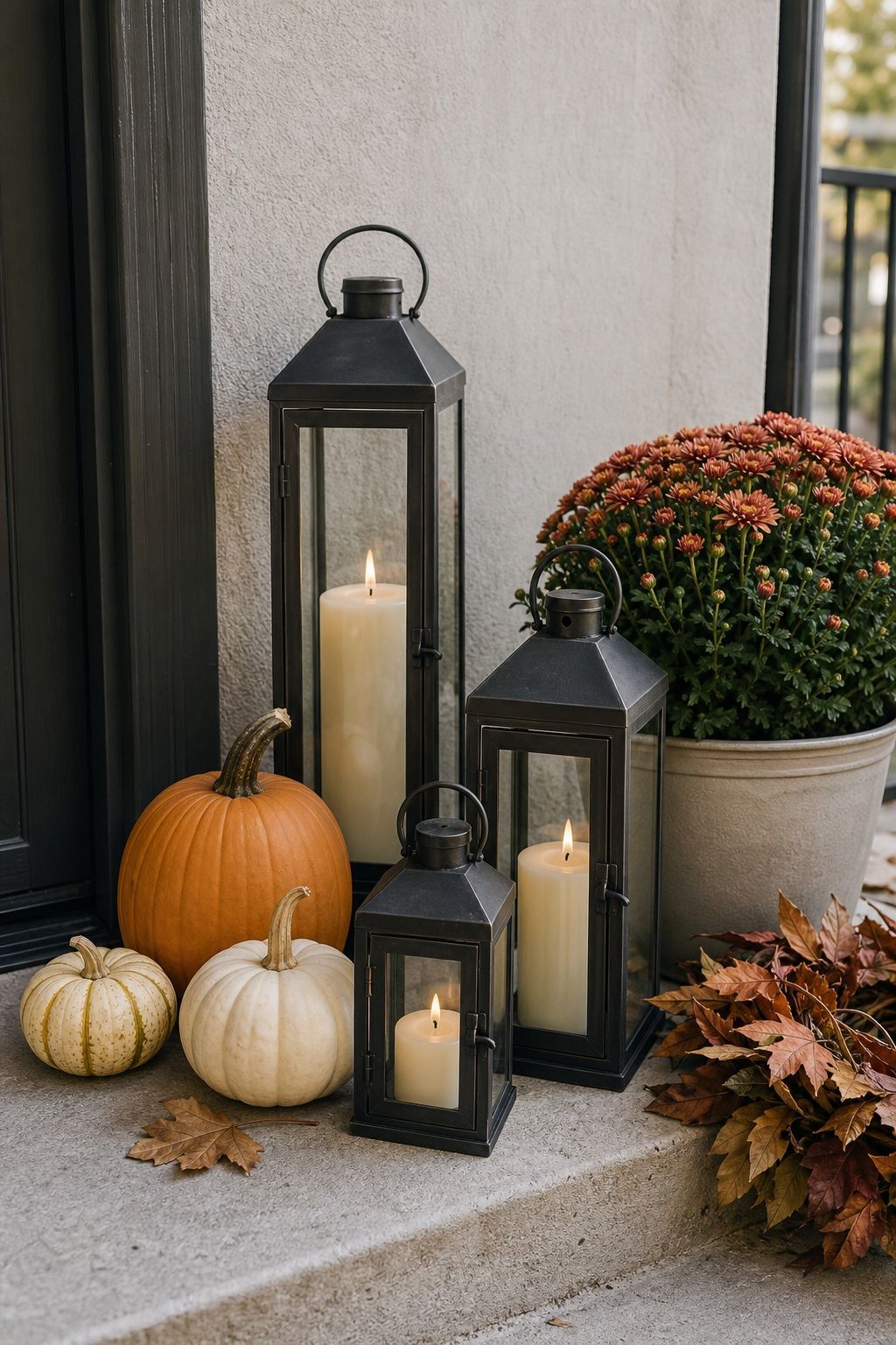 Group Lanterns at Different Heights small apartment idea for Top 18 Fall Porch Decor Ideas for Apartments and Small Outdoor Spaces.