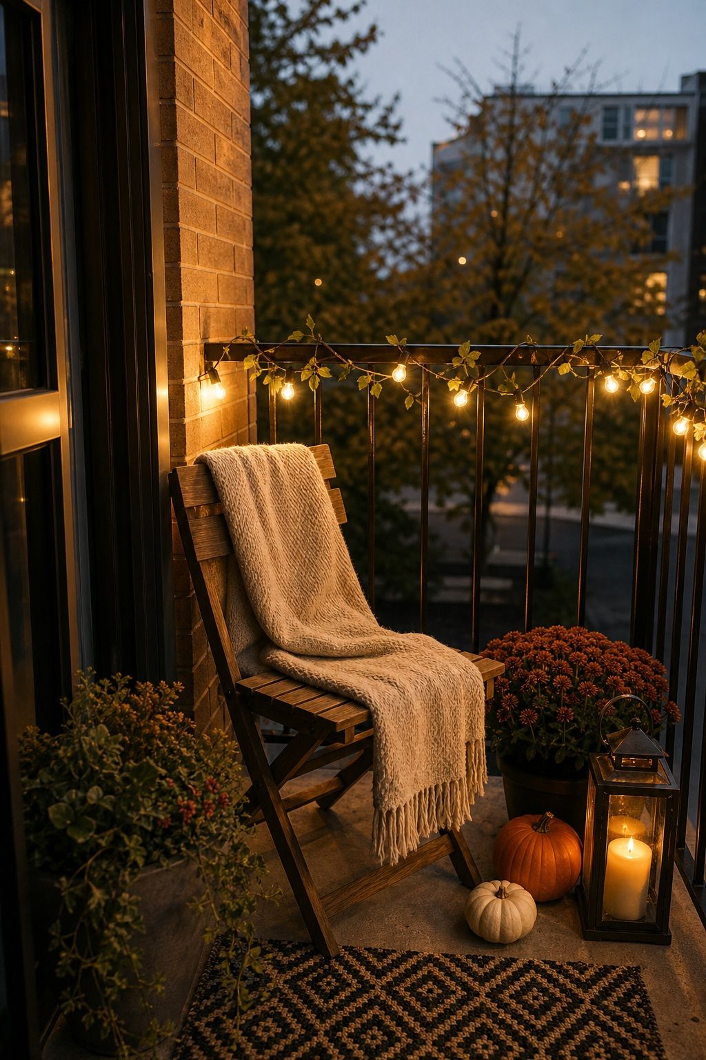 Add Warm String Lights small apartment idea for Top 18 Fall Porch Decor Ideas for Apartments and Small Outdoor Spaces.