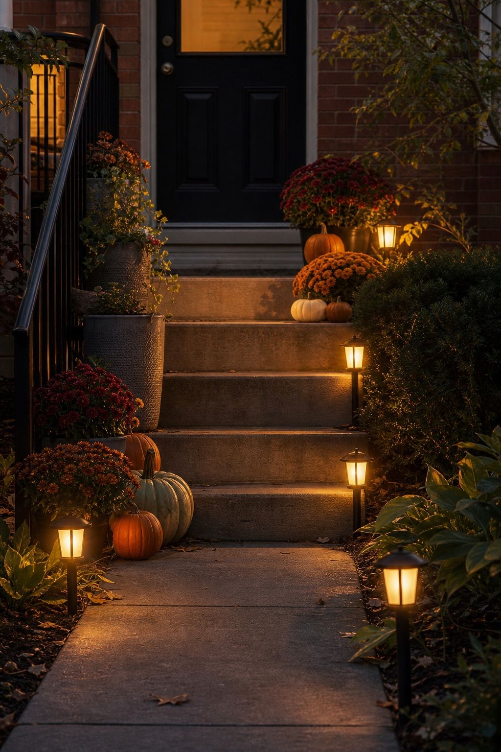 Light the Path or Steps small apartment idea for Top 18 Fall Porch Decor Ideas for Apartments and Small Outdoor Spaces.