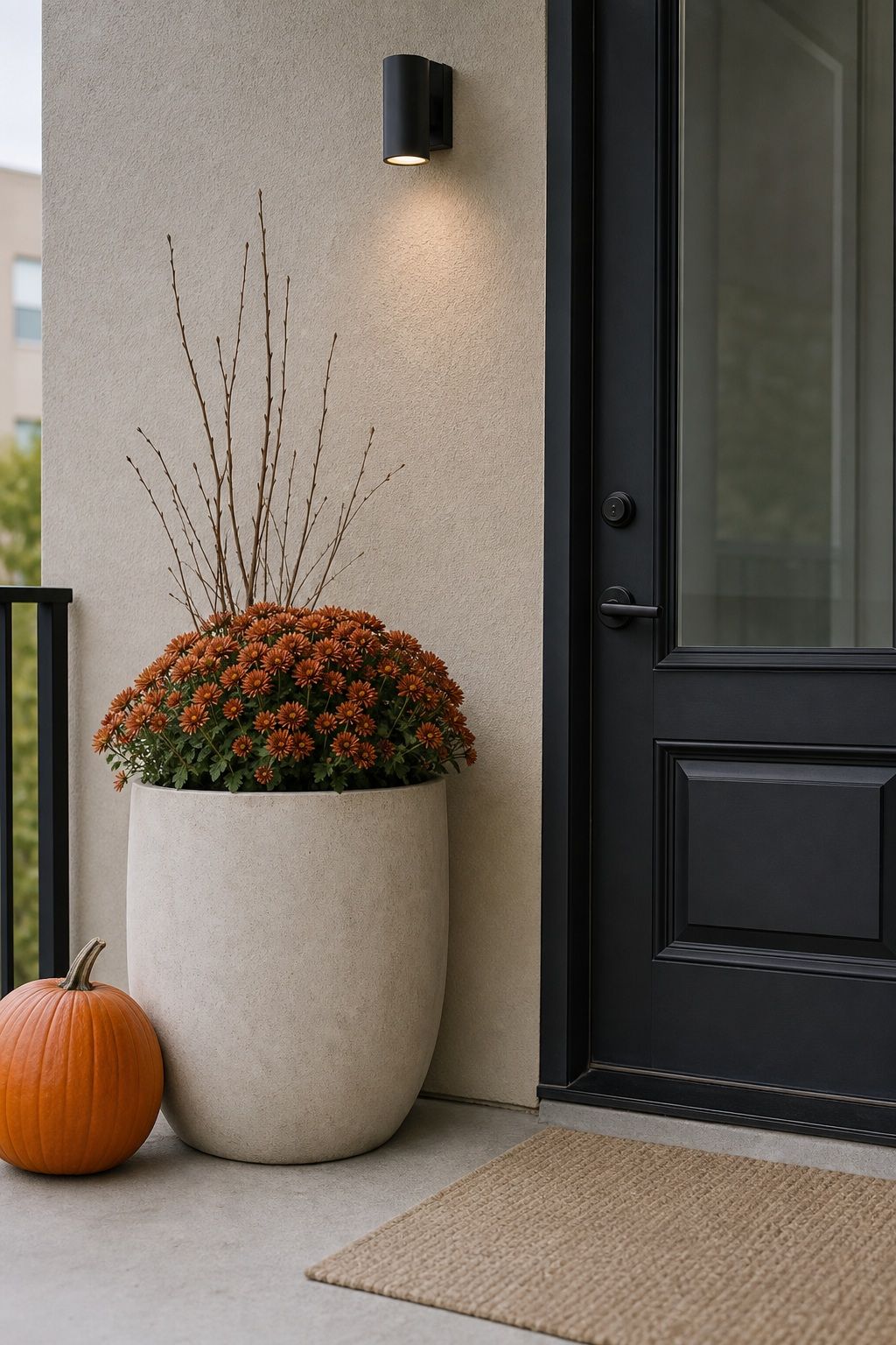 Try the Minimalist One-Statement Porch small apartment idea for Top 18 Fall Porch Decor Ideas for Apartments and Small Outdoor Spaces.