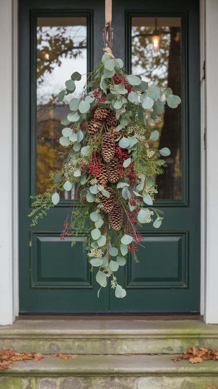 Create a warm, inviting home exterior with fall outdoor decor ideas like pumpkin topiaries, rustic ladders, corn husk garlands, and more for cozy autumn charm.