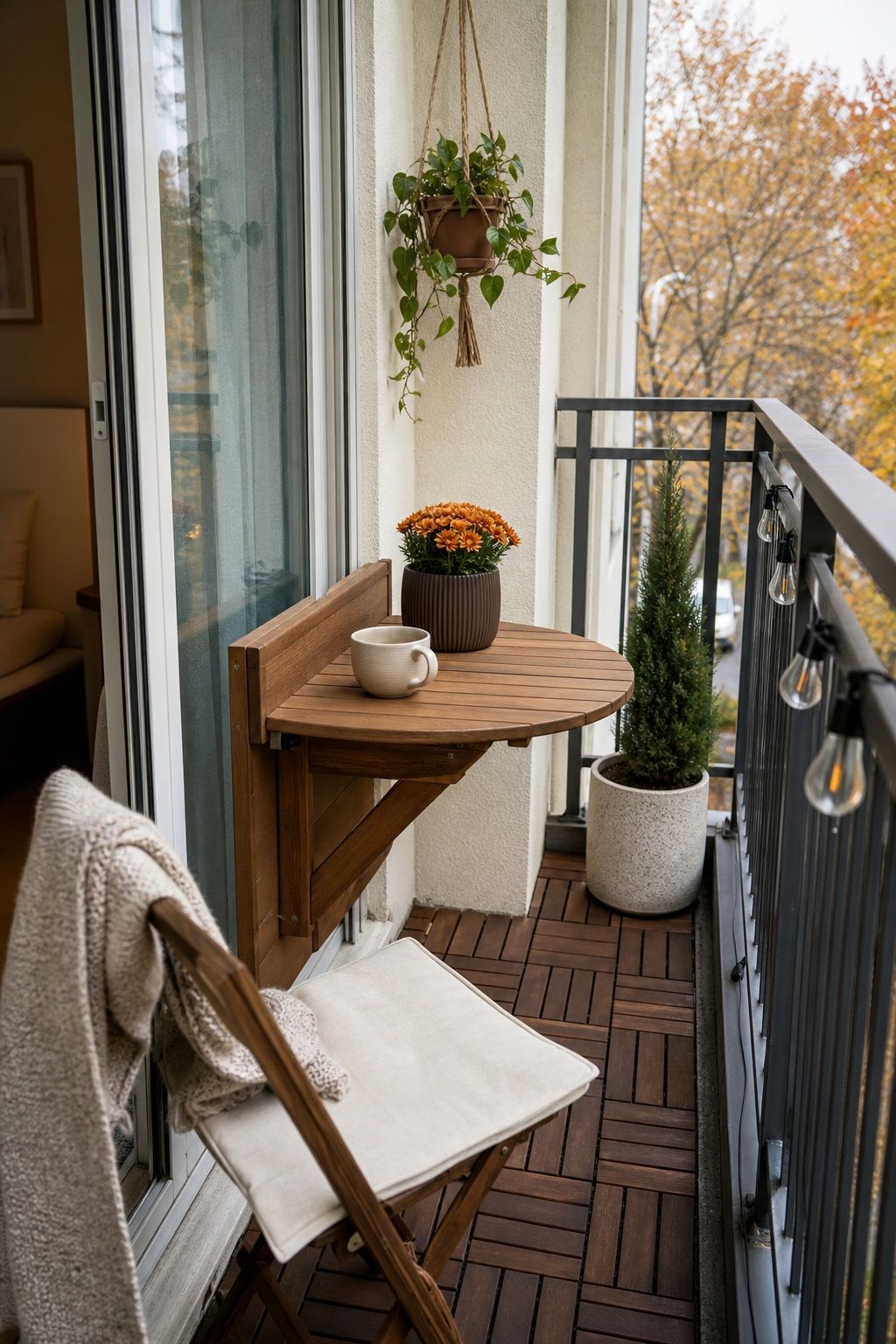 Use a Folding Bistro Table, Not a Fixed One small apartment idea for Top 17 Autumn Balcony Decor Ideas for Small Apartments.