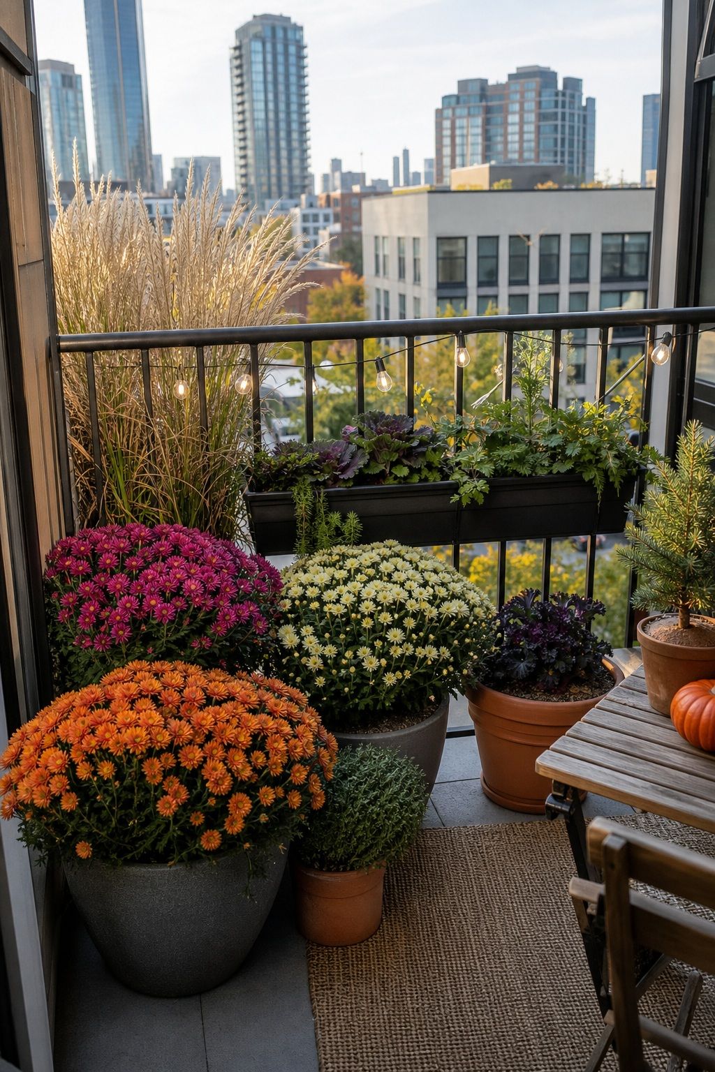 Add Mums and Hardy Fall Plants small apartment idea for Top 17 Autumn Balcony Decor Ideas for Small Apartments.