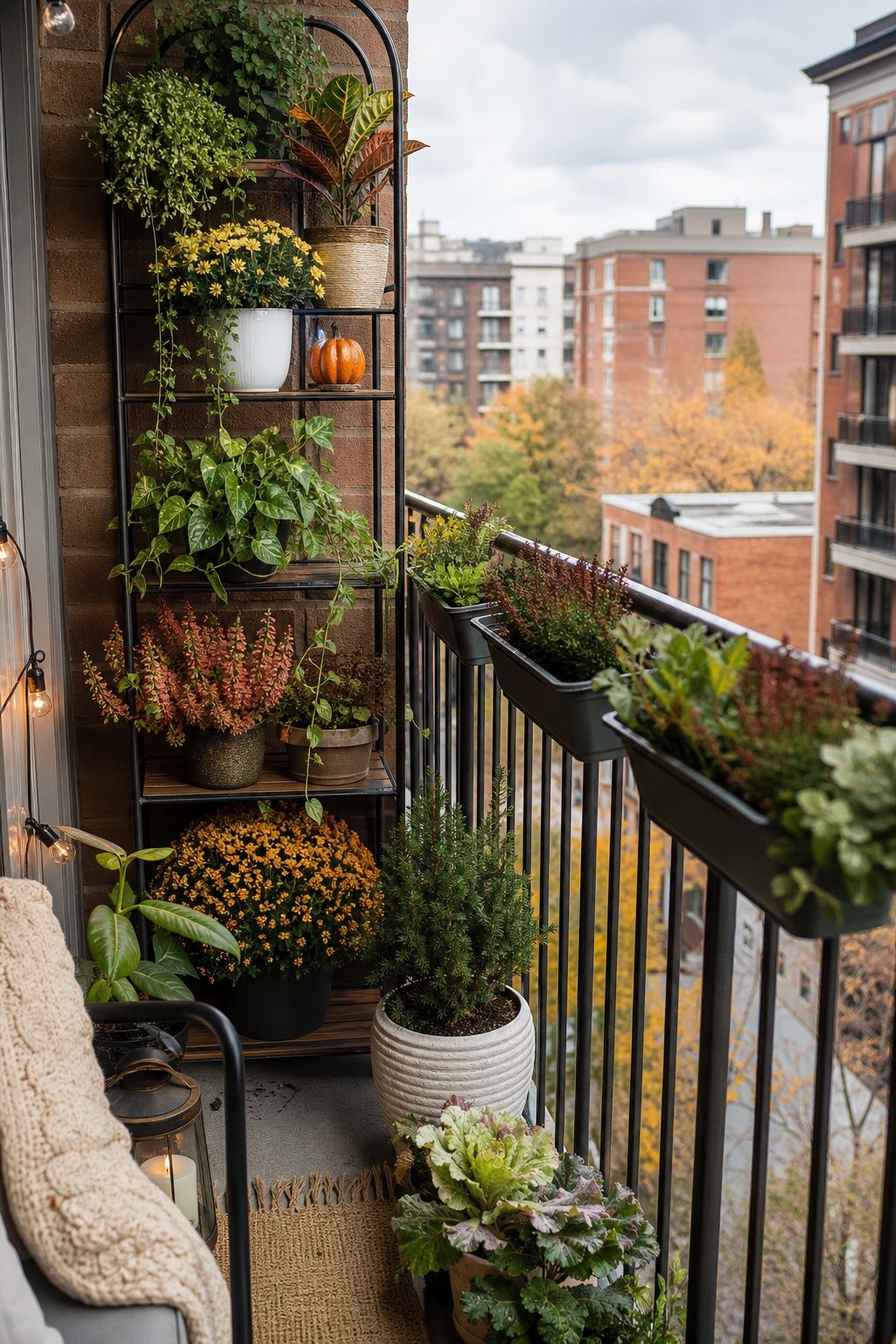 Go Vertical With a Plant Stand or Rail Planters small apartment idea for Top 17 Autumn Balcony Decor Ideas for Small Apartments.