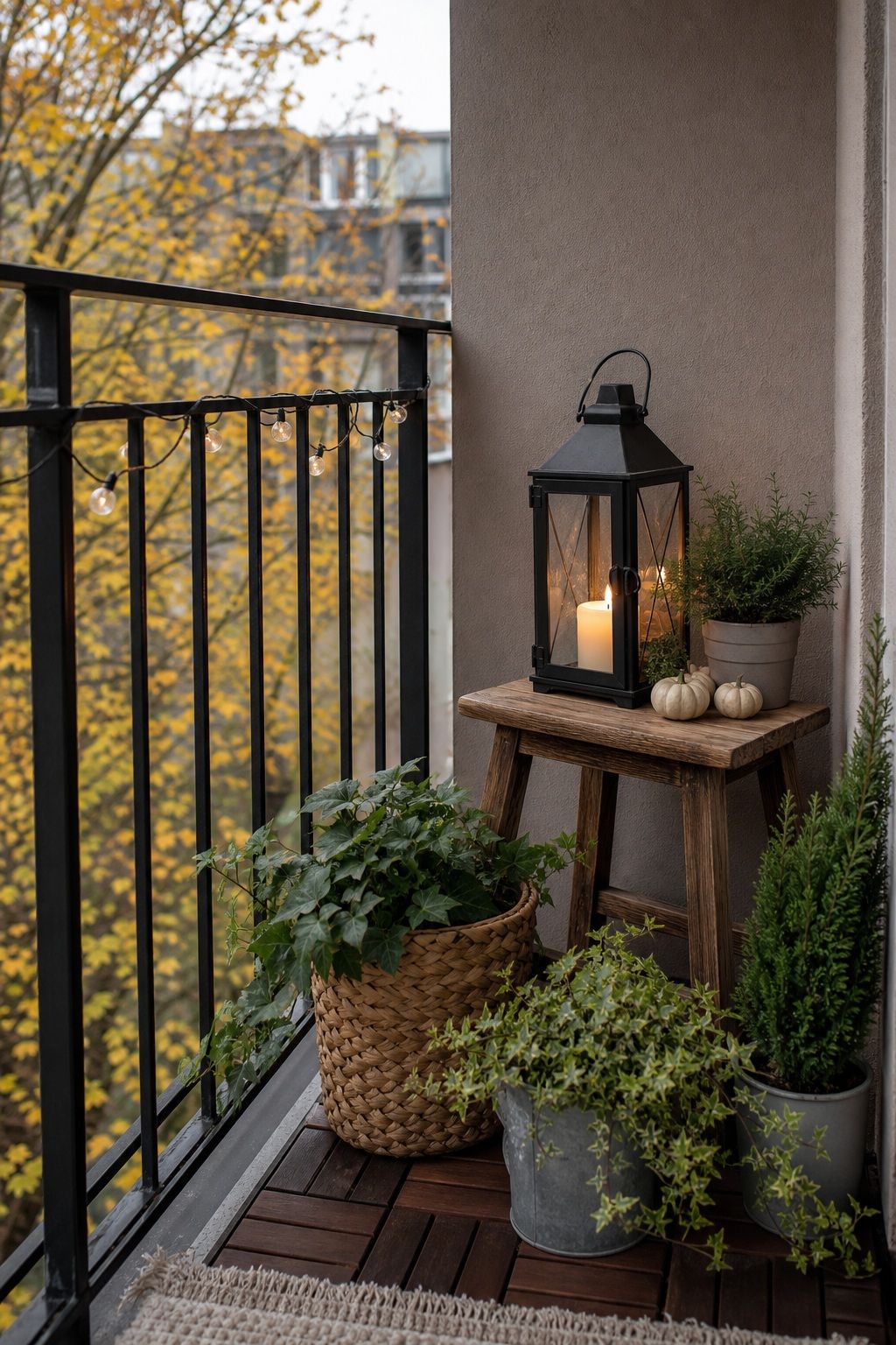 Style a Corner With a Lantern and Greenery small apartment idea for Top 17 Autumn Balcony Decor Ideas for Small Apartments.