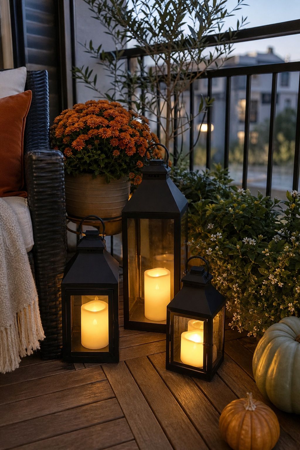 Add Flameless Lanterns for Safe Glow small apartment idea for Top 17 Autumn Balcony Decor Ideas for Small Apartments.