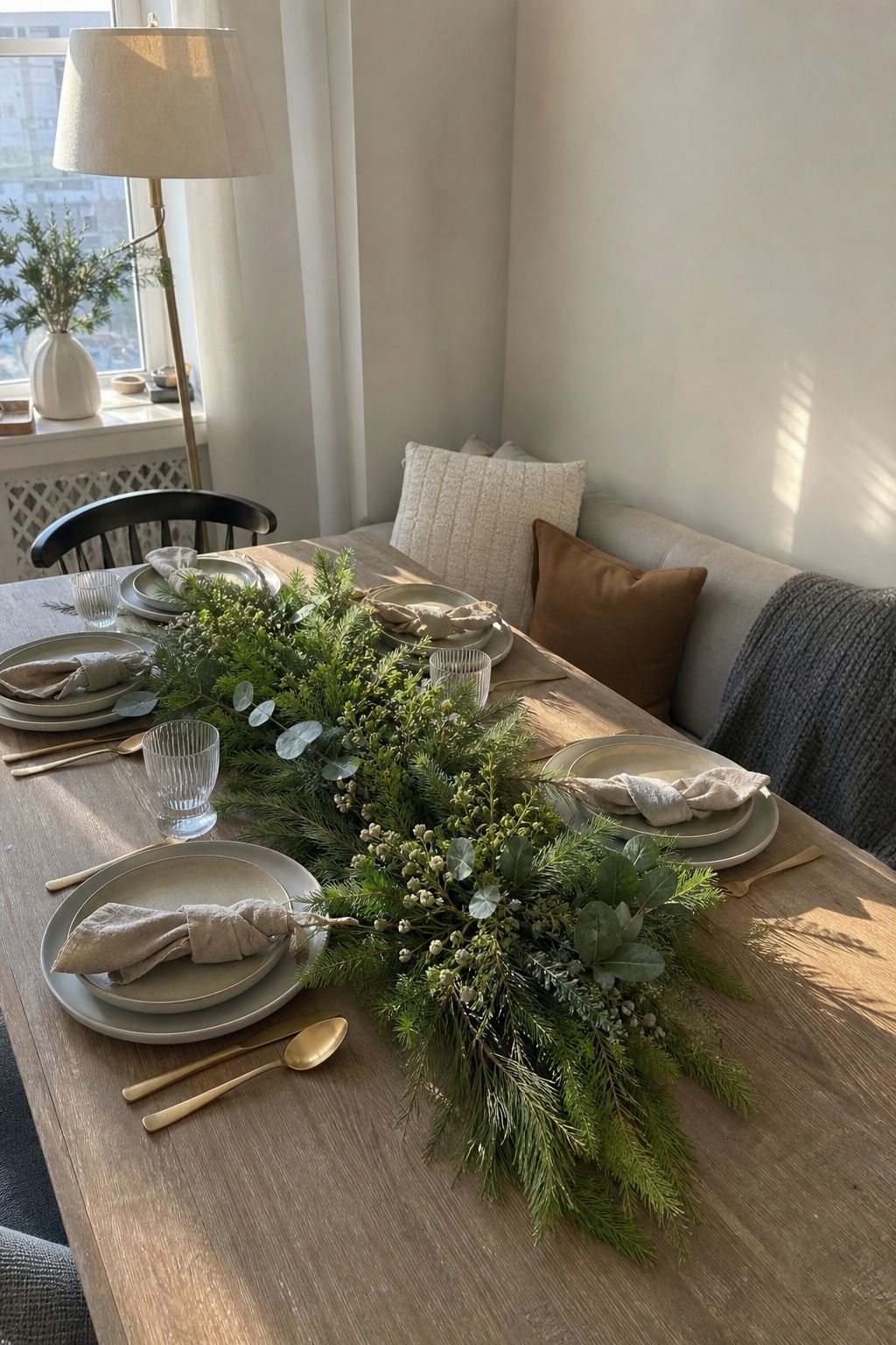 A Long Low Mixed Greenery Runner small apartment idea for Top 18 Fresh Christmas Decorations Centerpiece Ideas for Small Apartments.