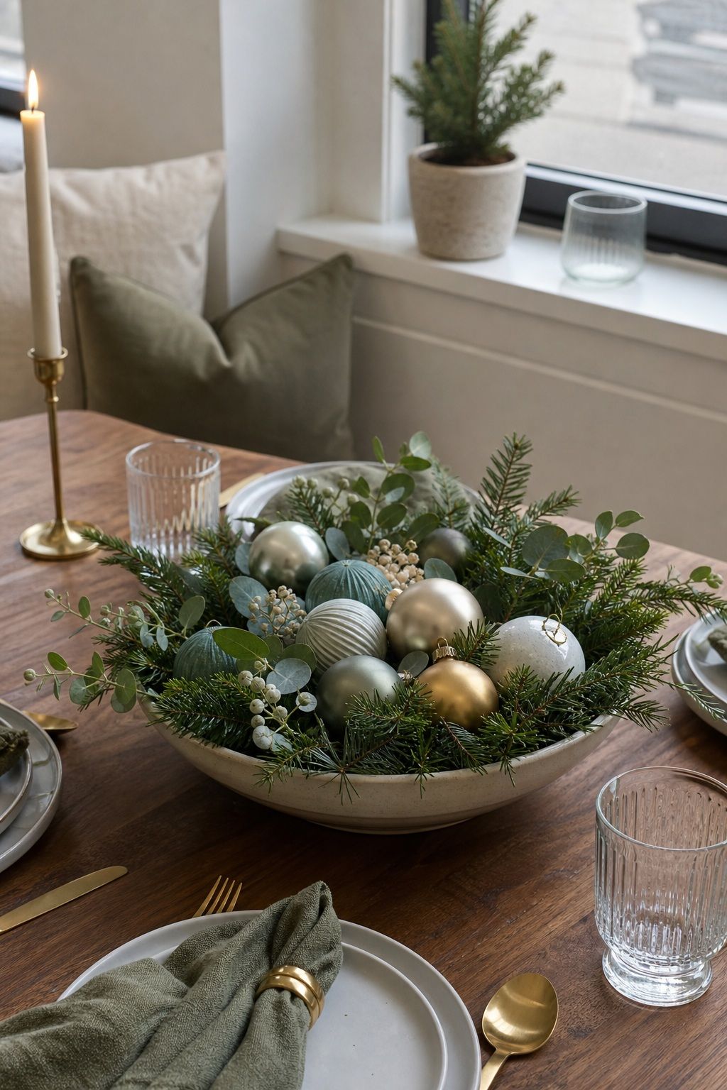 A Festive Bowl of Greenery and Ornaments small apartment idea for Top 18 Fresh Christmas Decorations Centerpiece Ideas for Small Apartments.