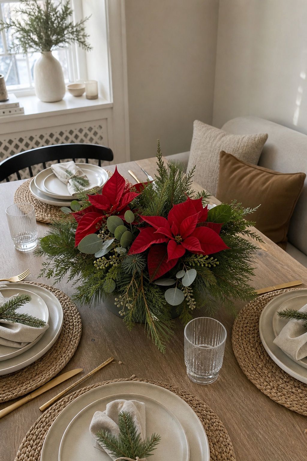A Poinsettia and Greenery Arrangement small apartment idea for Top 18 Fresh Christmas Decorations Centerpiece Ideas for Small Apartments.