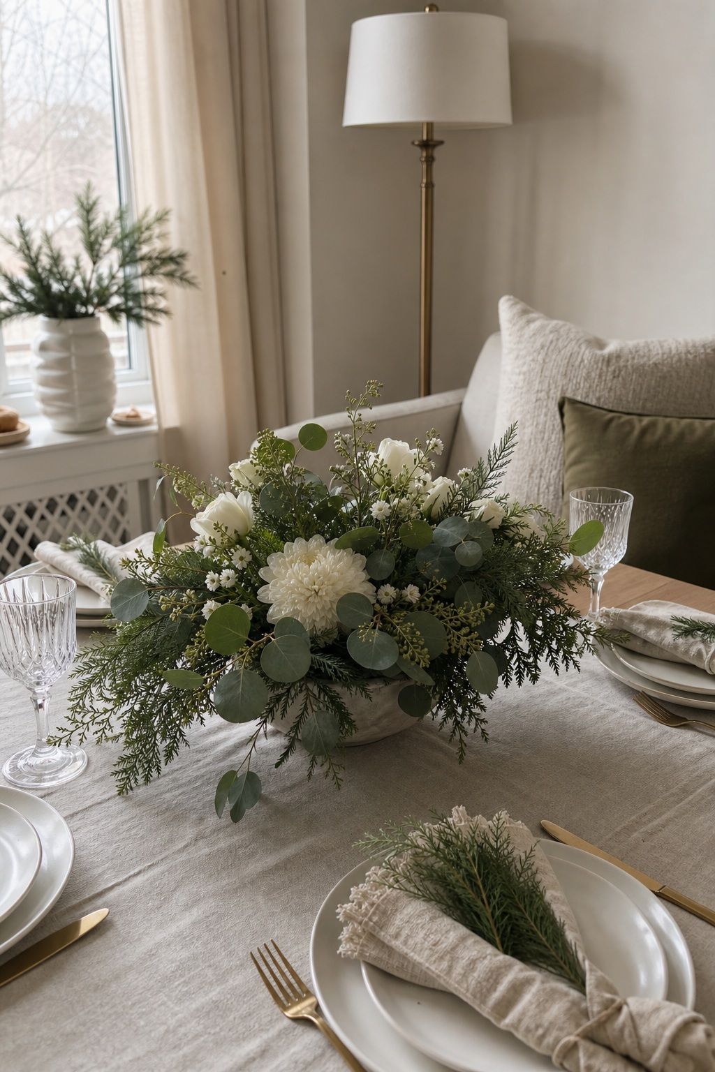 A White Floral and Eucalyptus Build small apartment idea for Top 18 Fresh Christmas Decorations Centerpiece Ideas for Small Apartments.