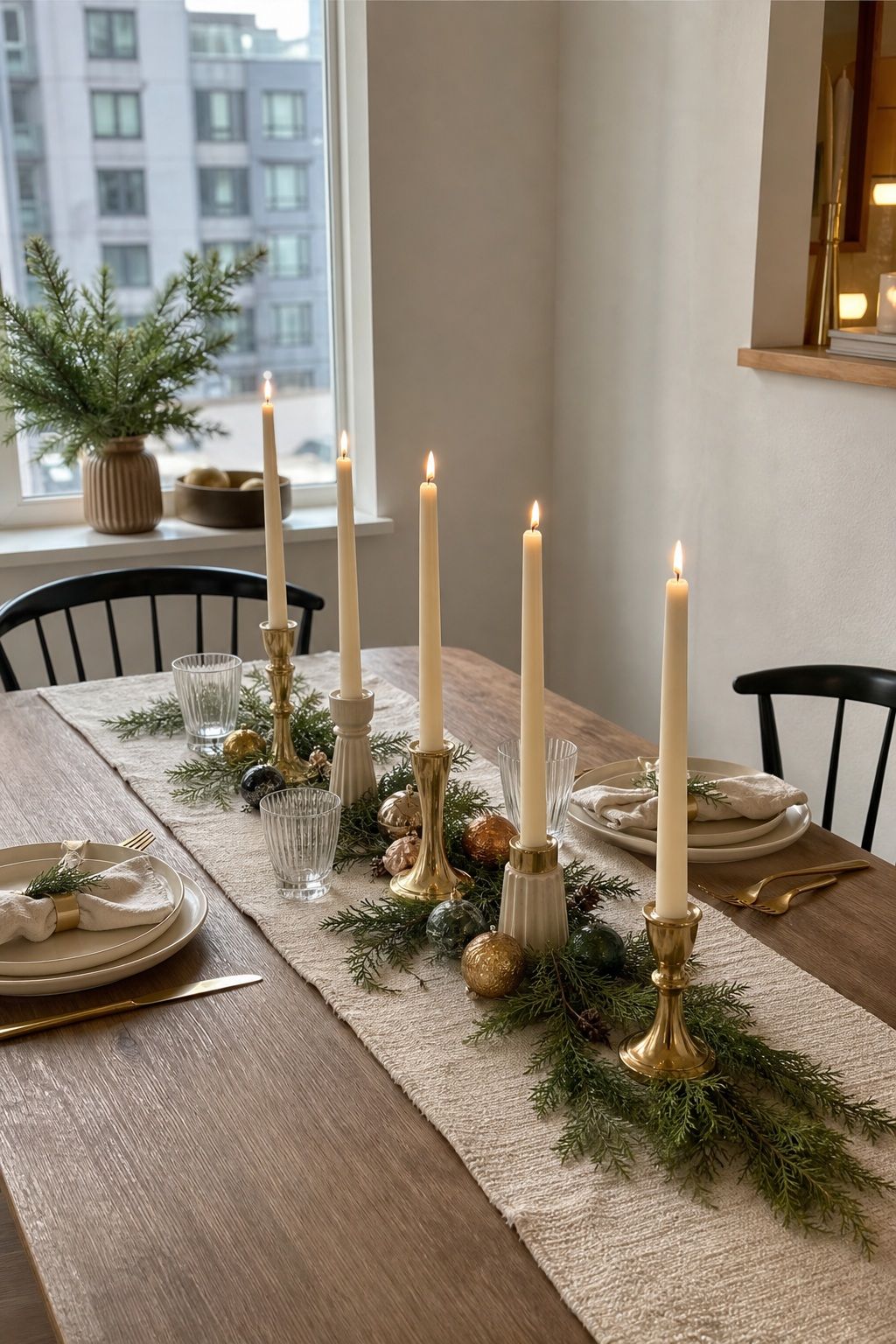 A Row of Taper Candles in Festive Holders small apartment idea for Top 18 Fresh Christmas Decorations Centerpiece Ideas for Small Apartments.