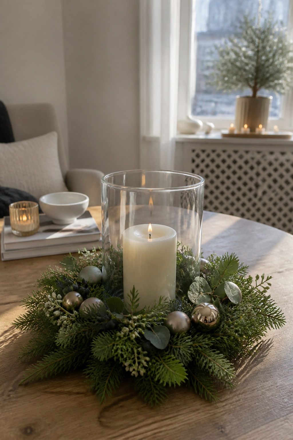 A Hurricane Candle With Greenery Base small apartment idea for Top 18 Fresh Christmas Decorations Centerpiece Ideas for Small Apartments.