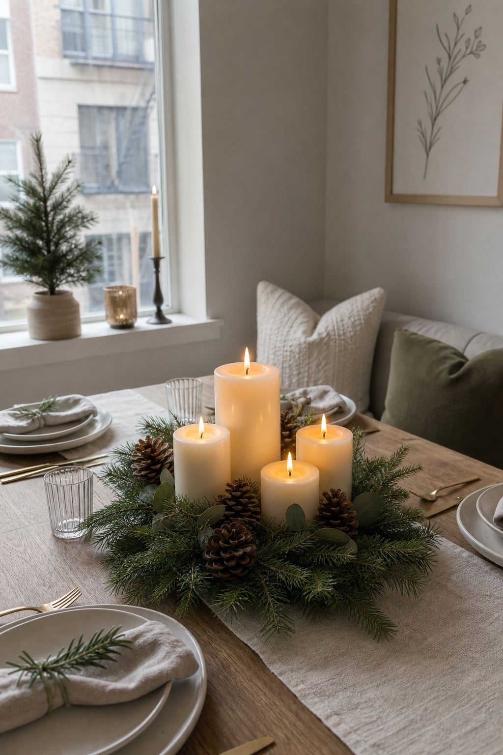 Pillar Candles With a Greenery and Pinecone Base small apartment idea for Top 18 Fresh Christmas Decorations Centerpiece Ideas for Small Apartments.