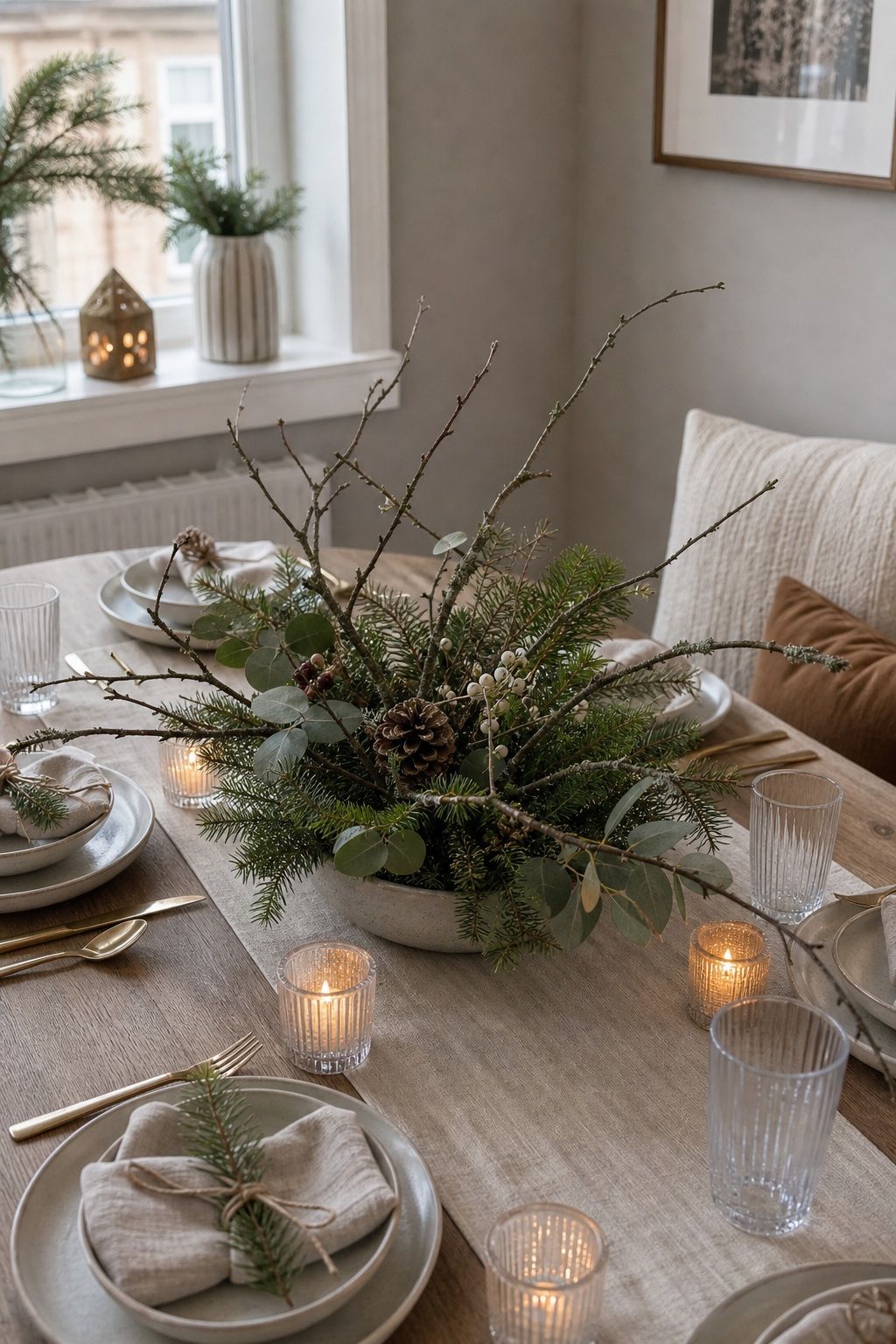 A Foraged Branch and Greenery Centerpiece small apartment idea for Top 18 Fresh Christmas Decorations Centerpiece Ideas for Small Apartments.