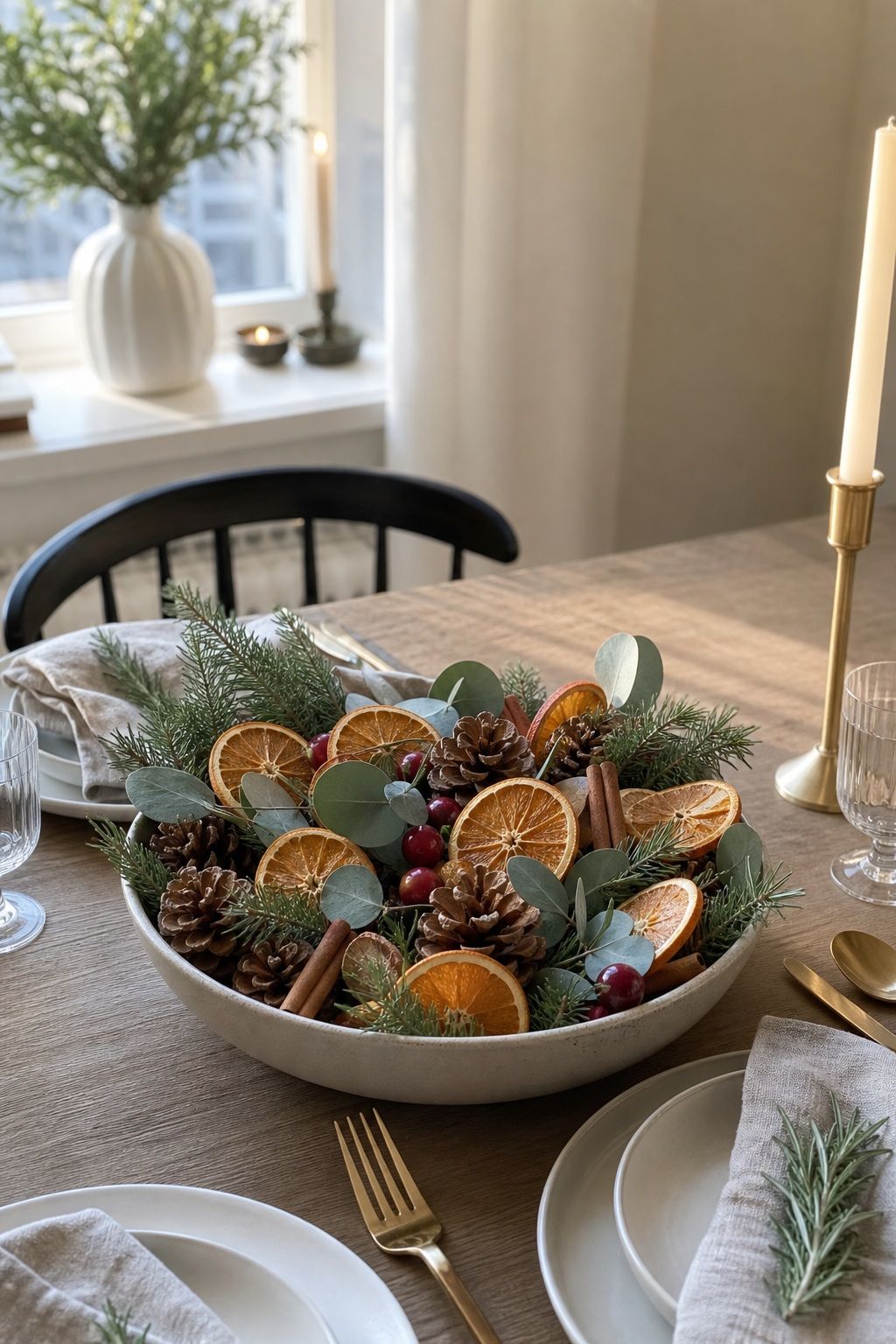 A Dried Orange and Pinecone Bowl small apartment idea for Top 18 Fresh Christmas Decorations Centerpiece Ideas for Small Apartments.