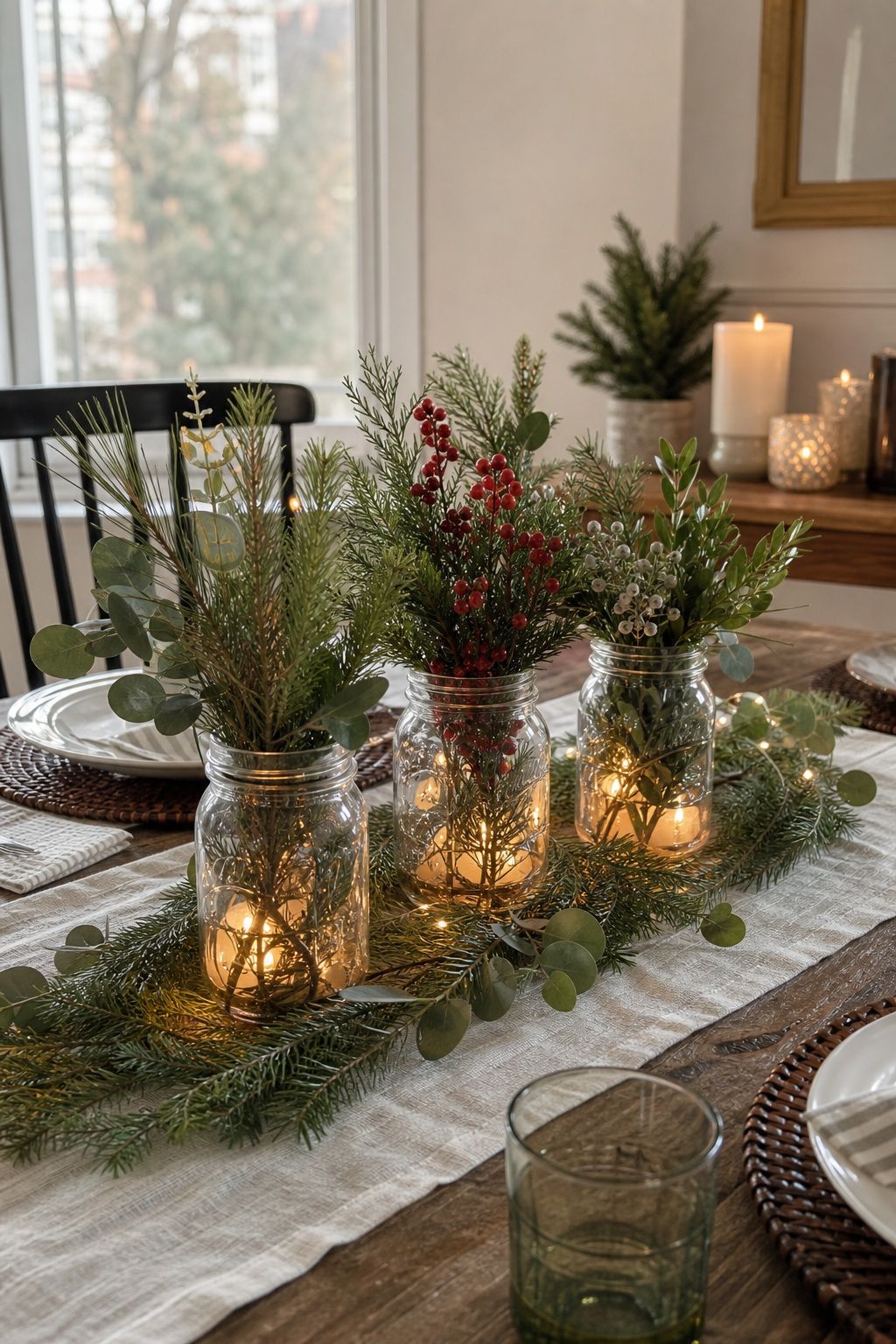 A Mason Jar and Greenery Trio small apartment idea for Top 18 Fresh Christmas Decorations Centerpiece Ideas for Small Apartments.