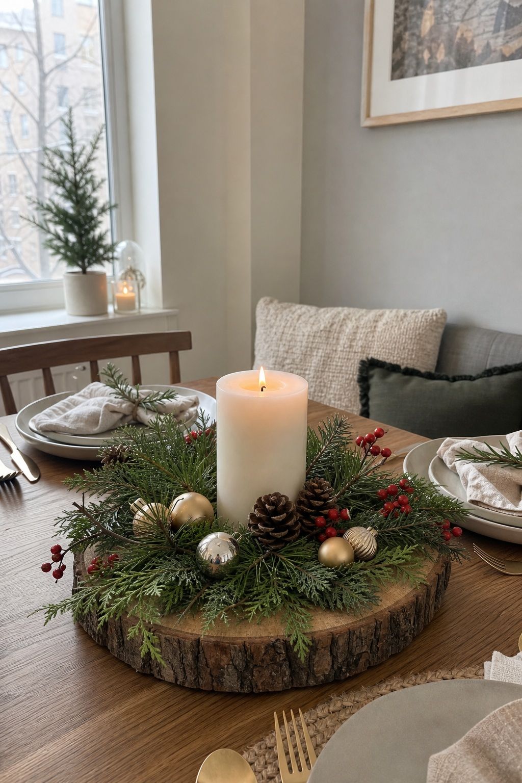 A Wood Slice and Candle Centerpiece small apartment idea for Top 18 Fresh Christmas Decorations Centerpiece Ideas for Small Apartments.