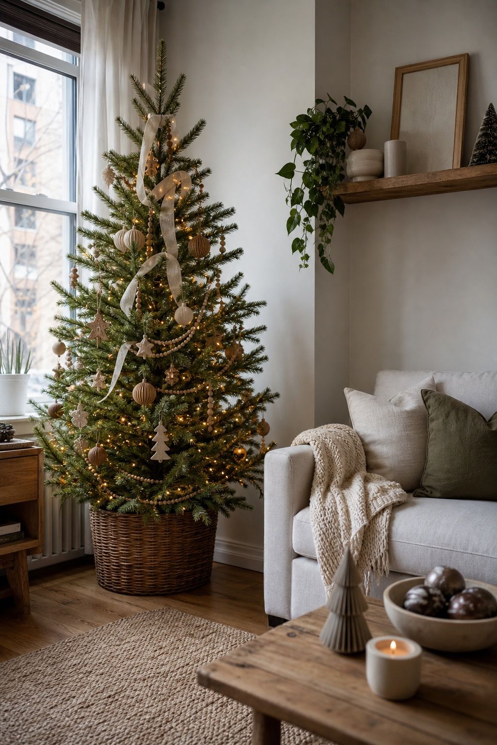 A Wood and Natural Tree With Neutral Accents small apartment idea for Top 17 Classic Rustic Christmas Decorations With a Modern Twist for Small Apartments.