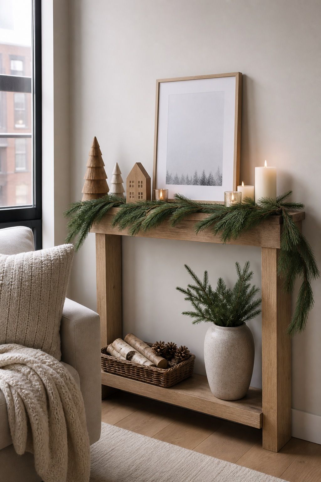 Style the Mantel With Wood, Greenery, and Restraint small apartment idea for Top 17 Classic Rustic Christmas Decorations With a Modern Twist for Small Apartments.