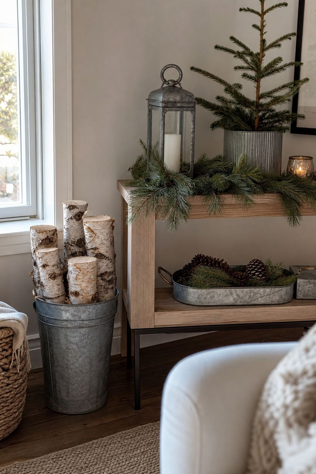 Stack Birch Logs and Add Galvanized Touches small apartment idea for Top 17 Classic Rustic Christmas Decorations With a Modern Twist for Small Apartments.