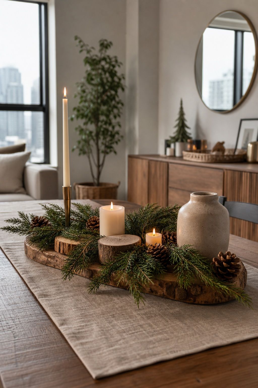 Build a Low Greenery and Wood Centerpiece small apartment idea for Top 17 Classic Rustic Christmas Decorations With a Modern Twist for Small Apartments.