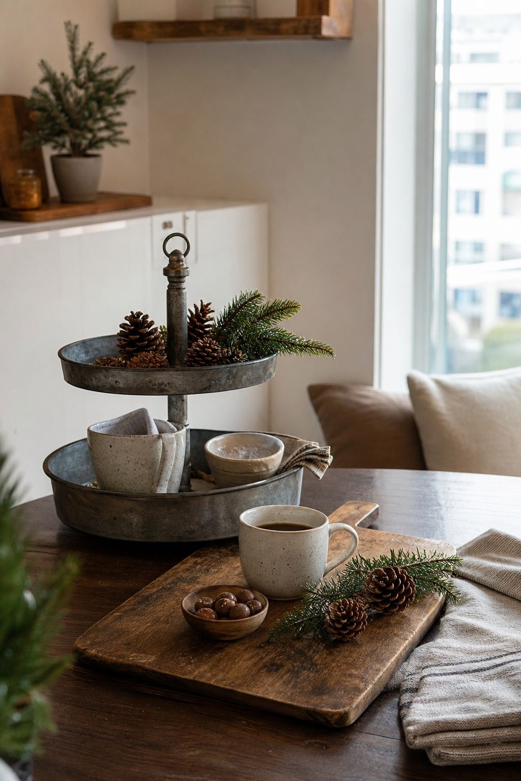 Add Wood and Galvanized Serving Pieces small apartment idea for Top 17 Classic Rustic Christmas Decorations With a Modern Twist for Small Apartments.
