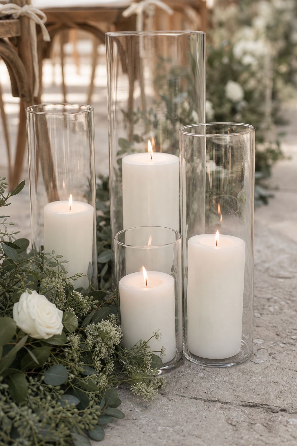 Cluster Candles in Glass Hurricane Lanterns small apartment idea for Top 18 Summer Wedding Aesthetic Ideas That Look Curated Without Trying.