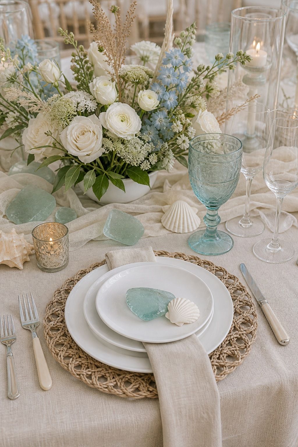 Pick a White, Sand, and Sea Glass Palette small apartment idea for Top 18 Summer Wedding Aesthetic Ideas That Look Curated Without Trying.