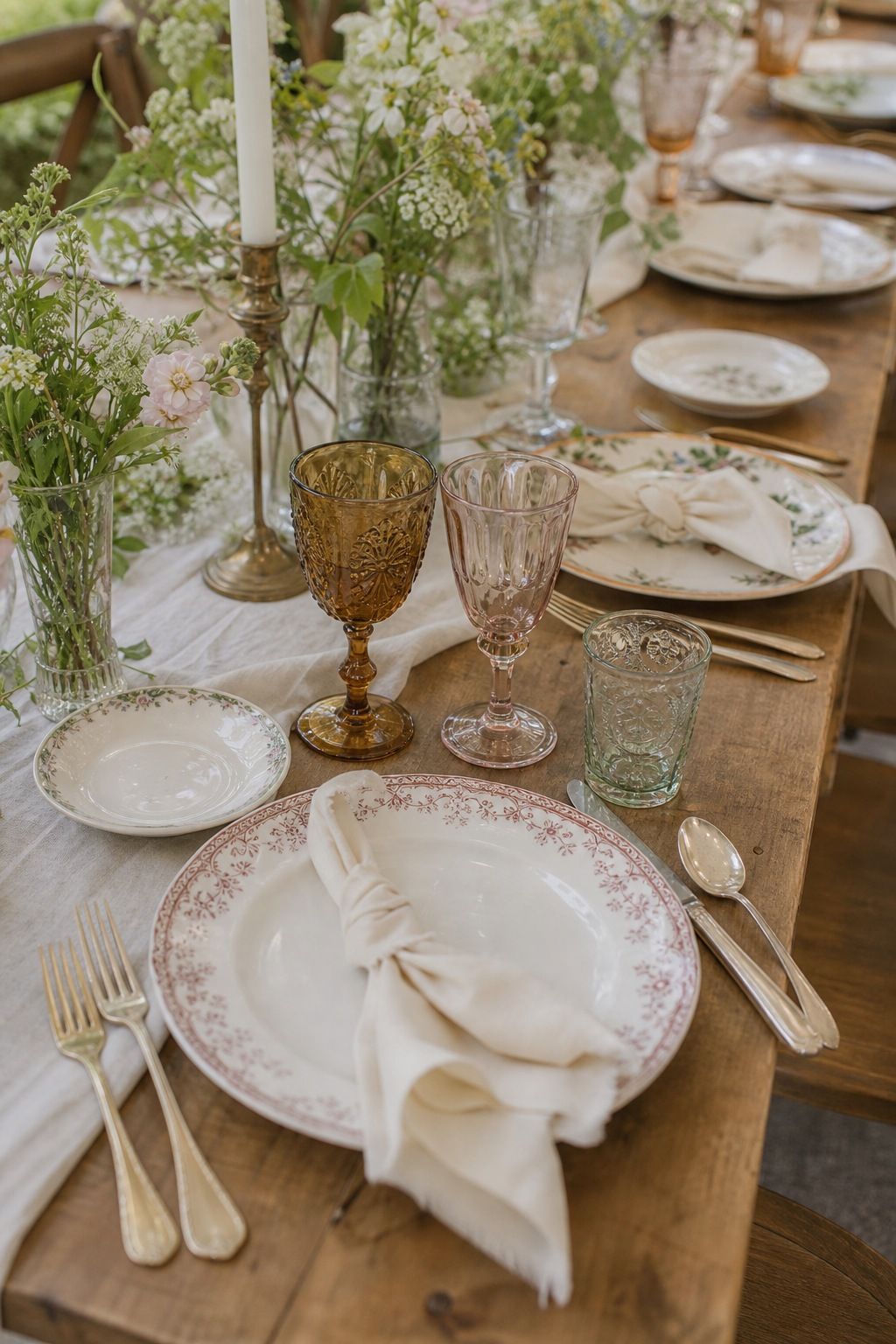 Use Mismatched China and Antique Glassware small apartment idea for Top 18 Summer Wedding Aesthetic Ideas That Look Curated Without Trying.