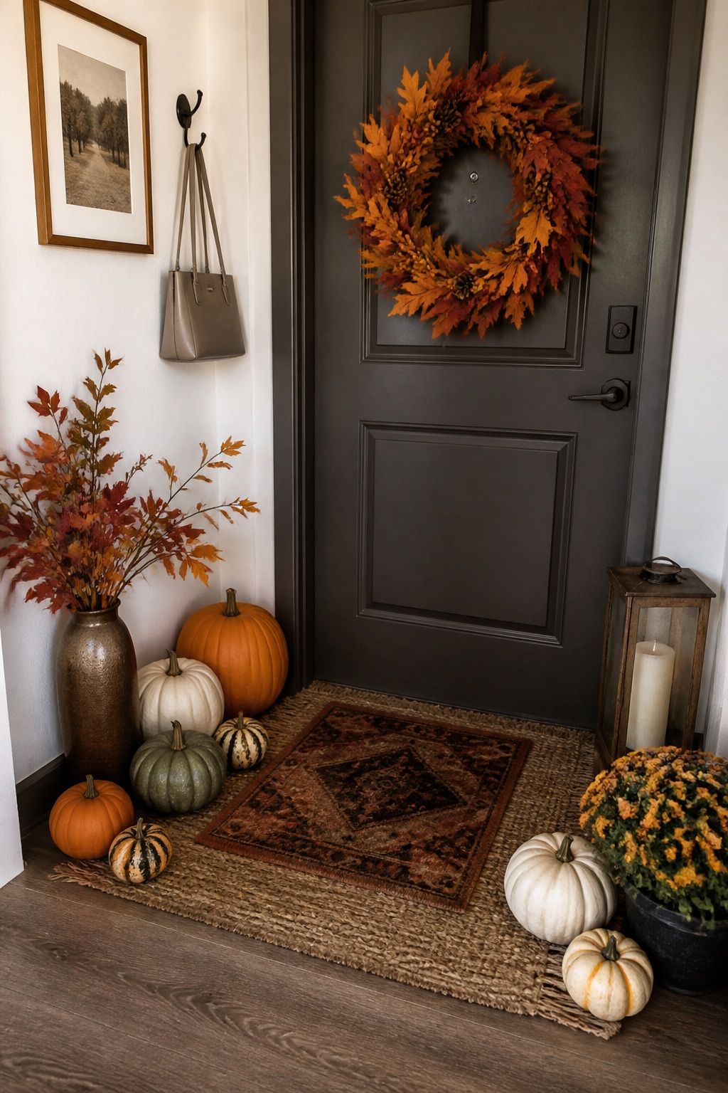 Layered Front Door Welcome Wreath Mat Pumpkins small apartment idea for Top 18 Unique Thanksgiving Decor Ideas for Small Apartments.