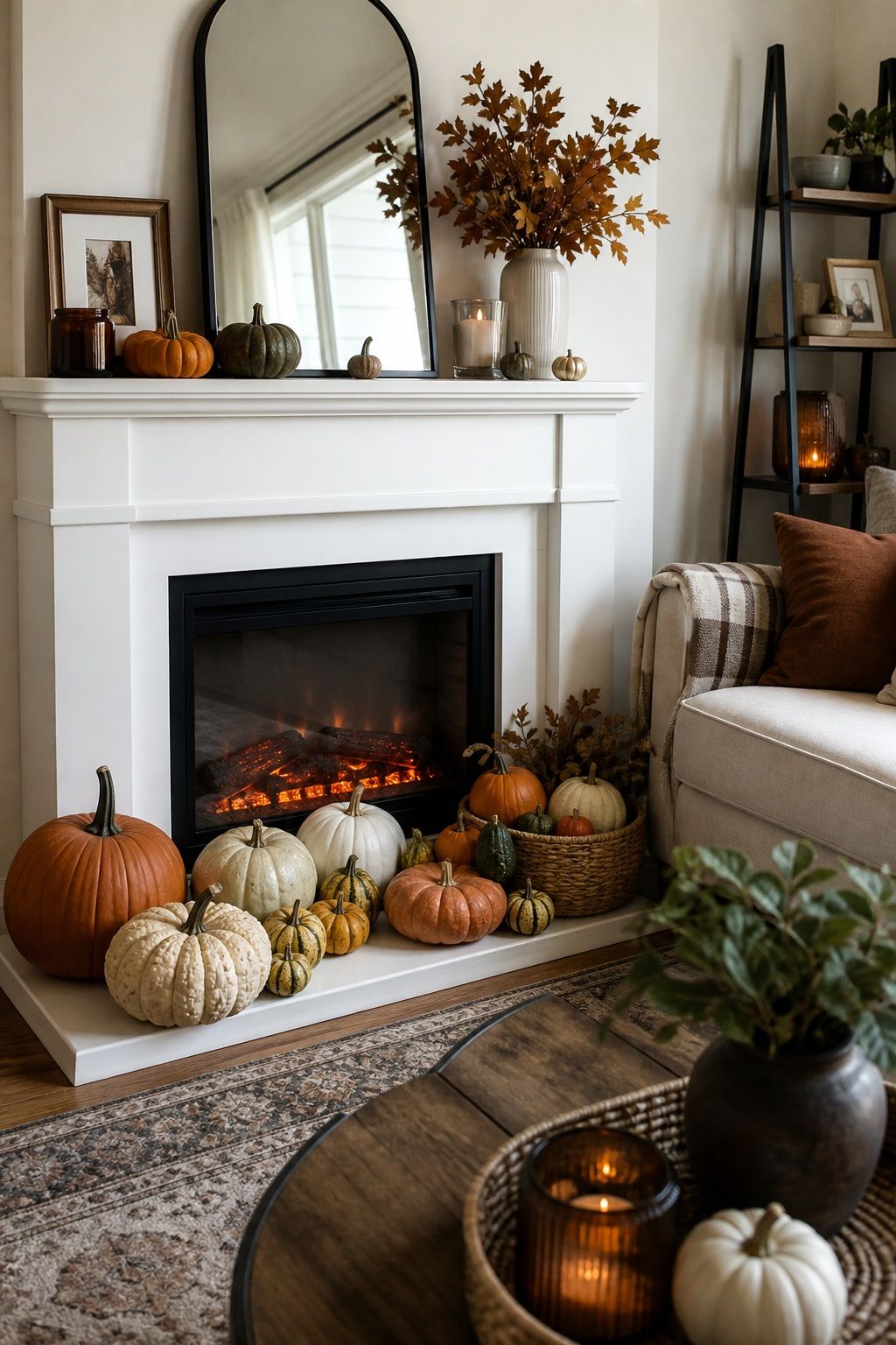 Pumpkin and Gourd Cluster on the Hearth small apartment idea for Top 18 Unique Thanksgiving Decor Ideas for Small Apartments.