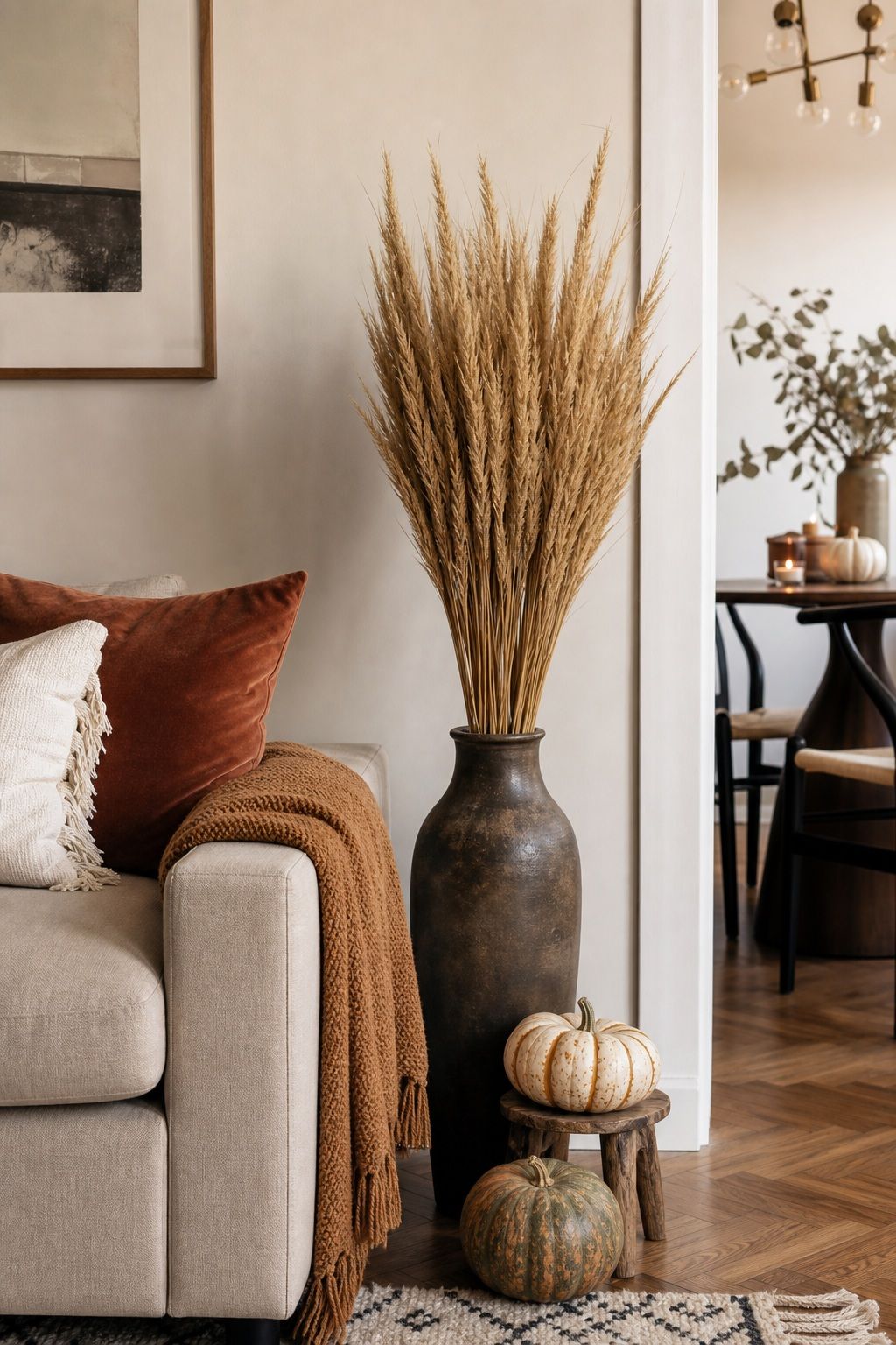 Cluster of Tall Wheat Stems in a Floor Vase small apartment idea for Top 18 Unique Thanksgiving Decor Ideas for Small Apartments.