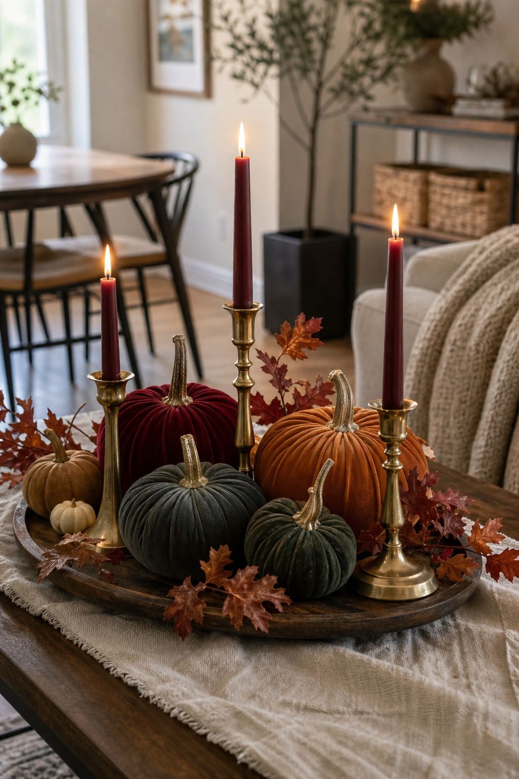 Velvet Pumpkins Mixed With Brass Candle Holders small apartment idea for Top 18 Unique Thanksgiving Decor Ideas for Small Apartments.