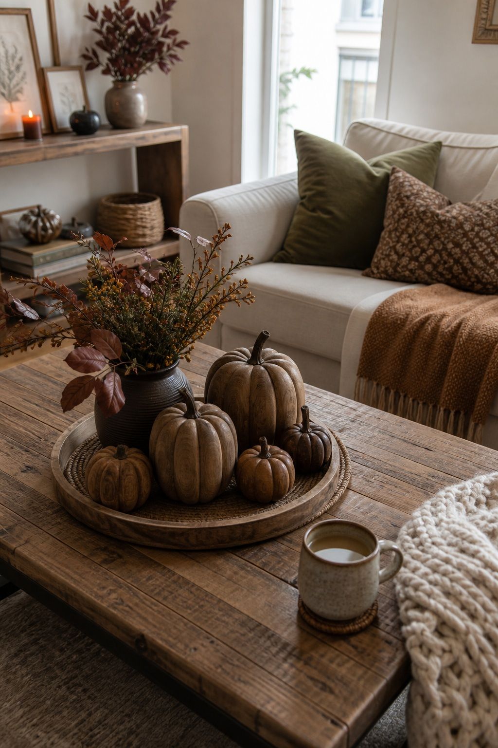 Rustic Wooden Pumpkin Cluster on the Coffee Table small apartment idea for Top 18 Unique Thanksgiving Decor Ideas for Small Apartments.