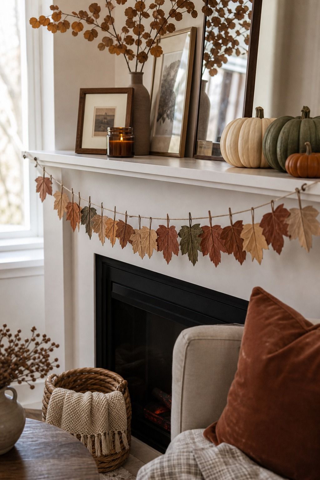 Paper Leaf Garland Strung Along the Mantel small apartment idea for Top 18 Unique Thanksgiving Decor Ideas for Small Apartments.