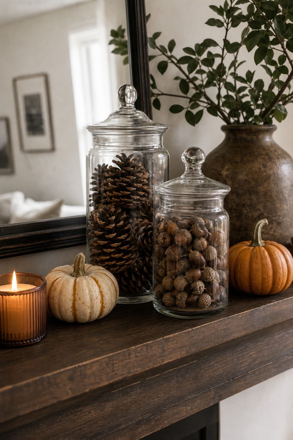 Mantel Pinecone and Acorn Apothecary Jar small apartment idea for Top 18 Unique Thanksgiving Decor Ideas for Small Apartments.
