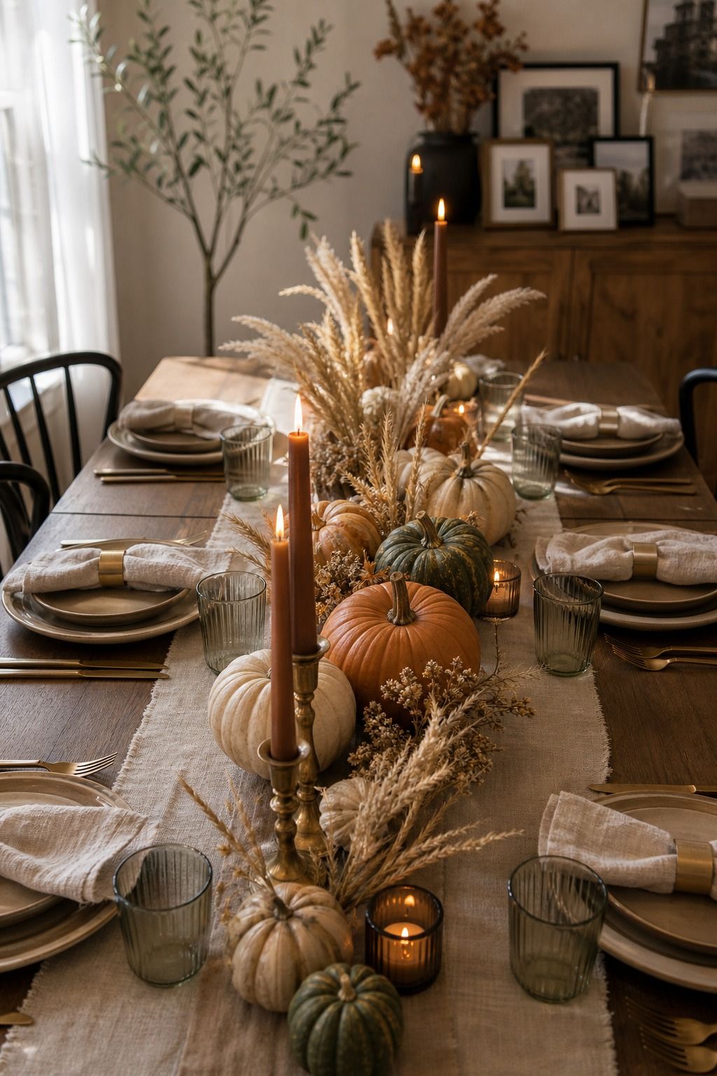 Pumpkin and Dried Wheat Centerpiece Down the Table small apartment idea for Top 18 Unique Thanksgiving Decor Ideas for Small Apartments.