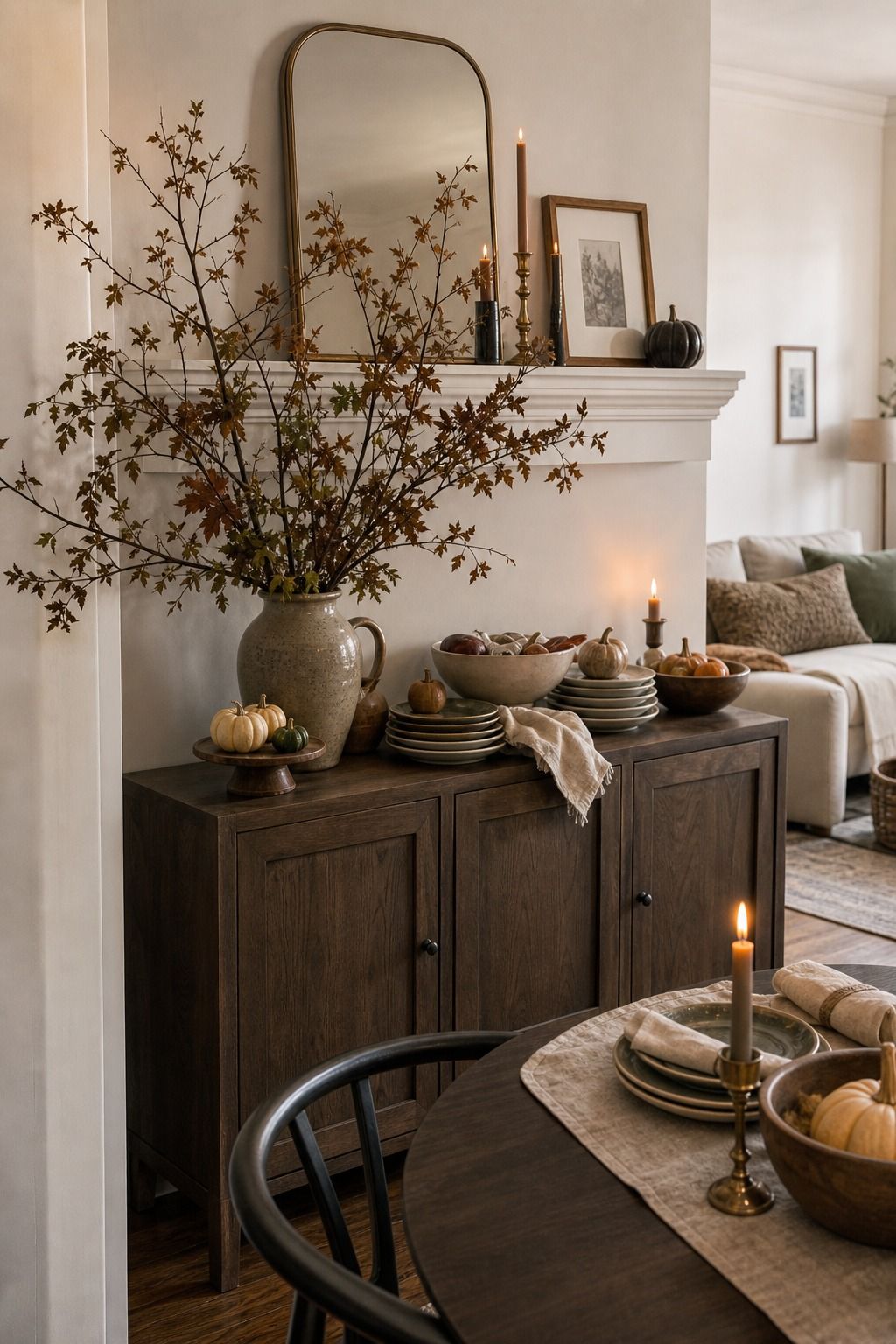 Foraged Branch Mantel Display Behind the Buffet small apartment idea for Top 18 Unique Thanksgiving Decor Ideas for Small Apartments.