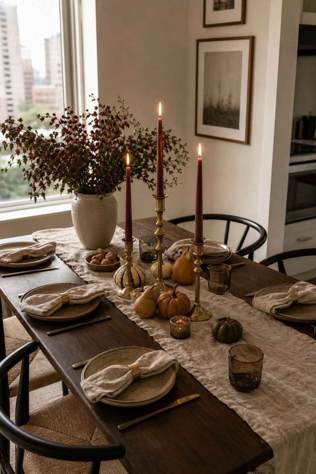 Linen Runner With Brass Taper Candles small apartment idea for Top 18 Unique Thanksgiving Decor Ideas for Small Apartments.