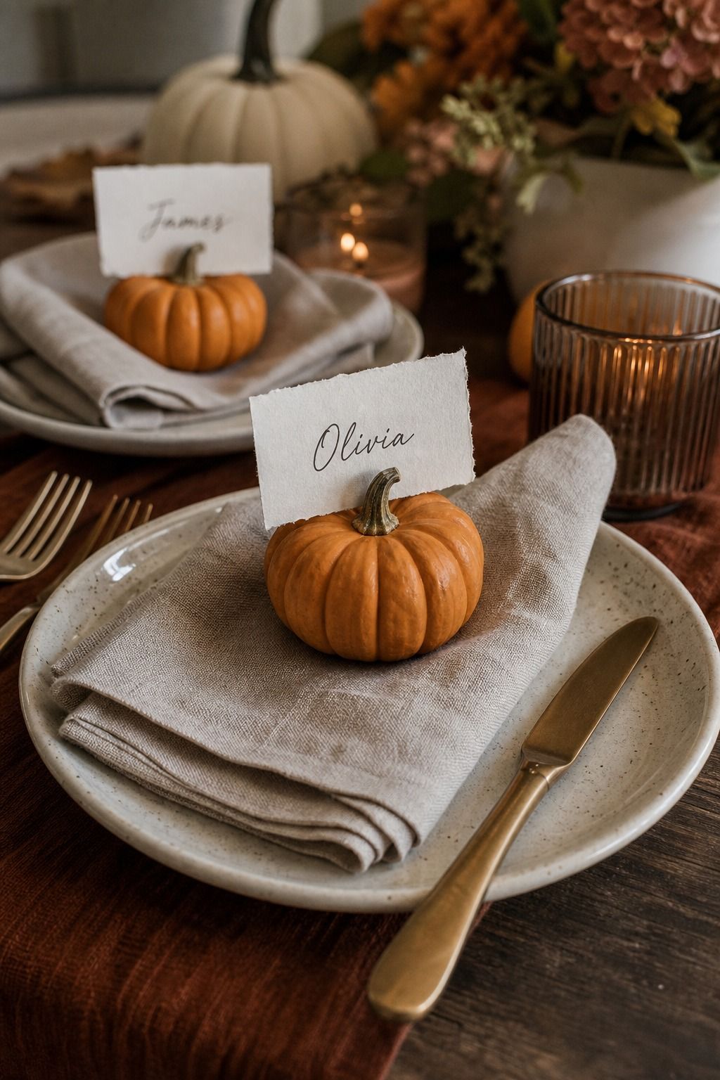 Mini Pumpkins as Place Card Holders small apartment idea for Top 18 Unique Thanksgiving Decor Ideas for Small Apartments.