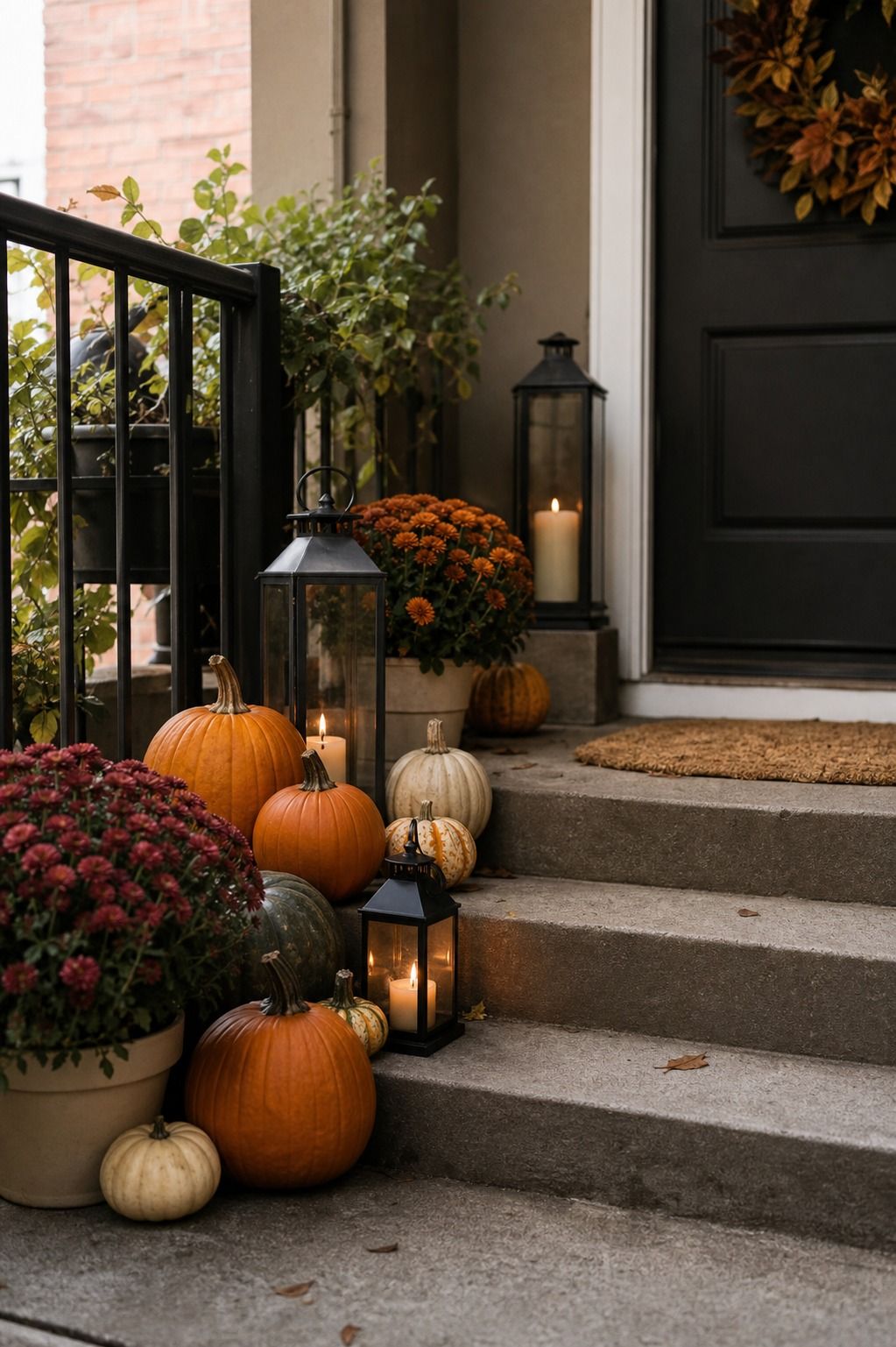 Outdoor Porch Pumpkin Steps With Lanterns small apartment idea for Top 18 Unique Thanksgiving Decor Ideas for Small Apartments.