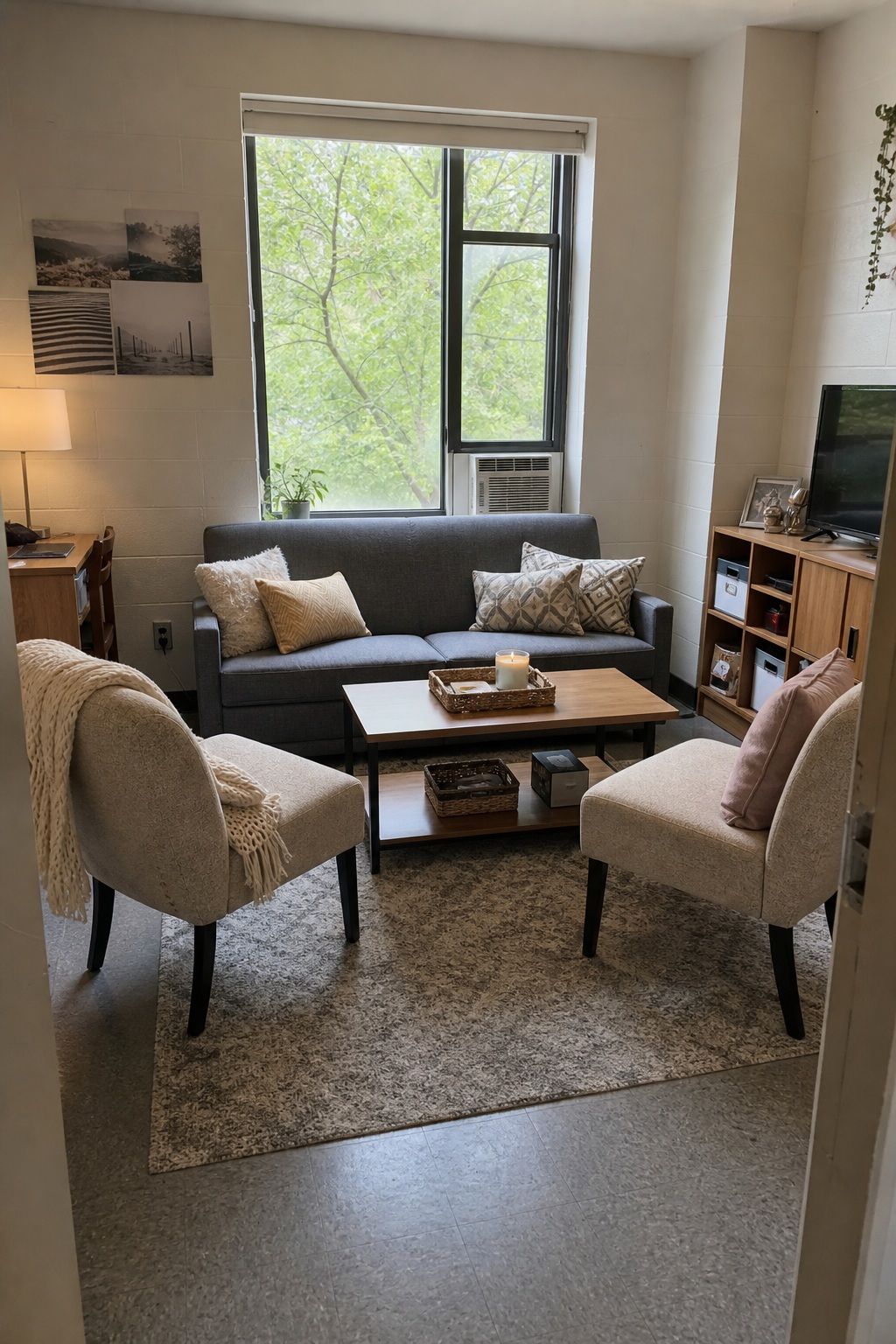 Float the Seating Around a Central Point small apartment idea for Top 19 Best College Dorm Living Room Ideas on a Budget.