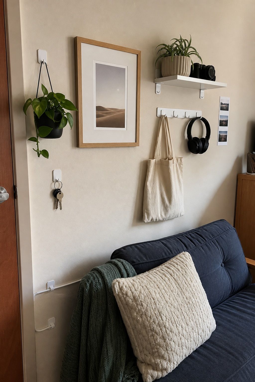 Use Command Strips for Everything small apartment idea for Top 19 Best College Dorm Living Room Ideas on a Budget.