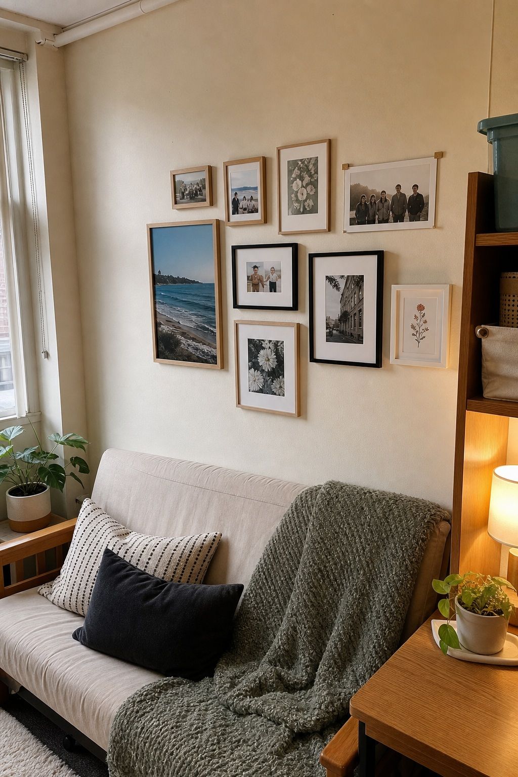 Create a Gallery Wall With Prints and Photos small apartment idea for Top 19 Best College Dorm Living Room Ideas on a Budget.
