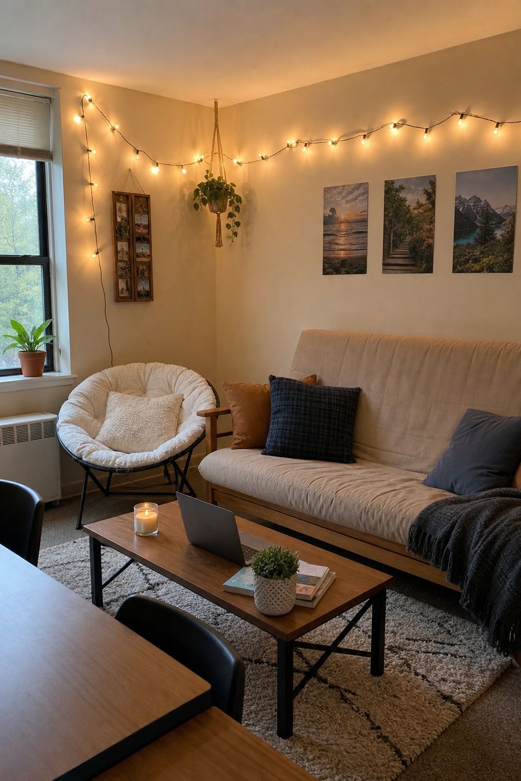 Hang String Lights Along the Walls small apartment idea for Top 19 Best College Dorm Living Room Ideas on a Budget.