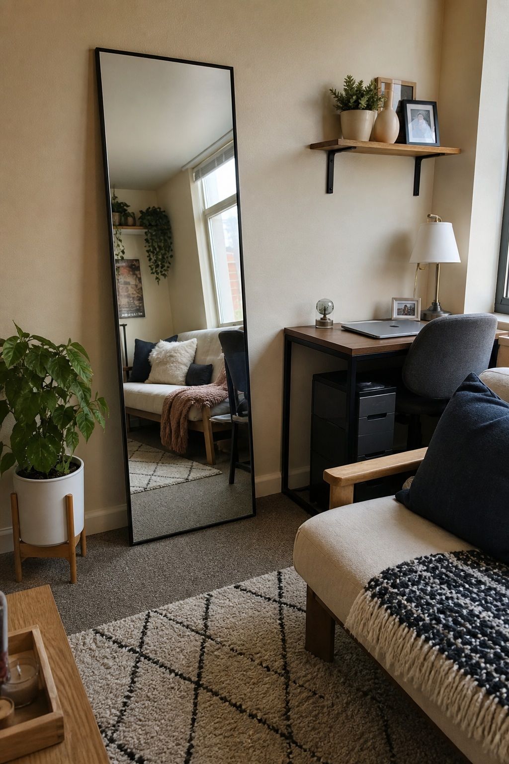 Use a Mirror to Open Up the Space small apartment idea for Top 19 Best College Dorm Living Room Ideas on a Budget.